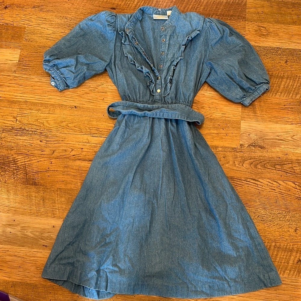 Career Guild Vintage Denim Dress Quarter Puff Sleeve A36 - Picture 2 of 4